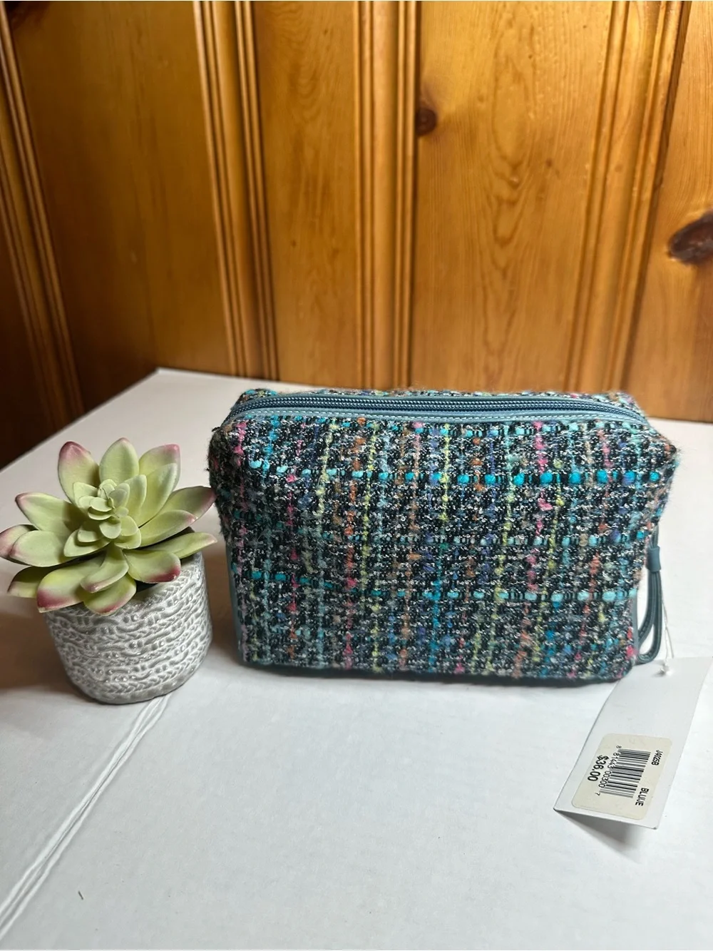 Aqua Blue Multi Tweed Cosmetic Bag